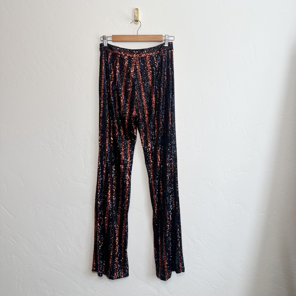Zara | Sparkle Sequins Flare Wide Leg Pants Striped Black Red - 3440/251/800 - Picture 8 of 12